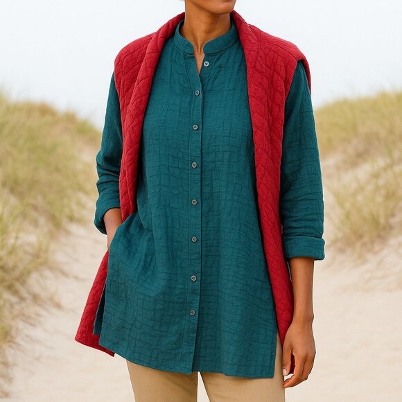 Eileen Fisher Linen Cotton Sheer Check Mandarin Collar Shirt Green S NWT - Picture 1 of 8